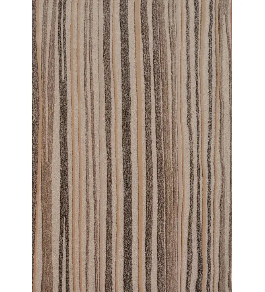 A close-up of a striped fabric or wallpaper pattern featuring vertical lines in beige, tan, brown, and gray.