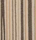 A close-up of a textured rug or fabric with vertical stripes in beige, tan, brown, and dark charcoal gray.