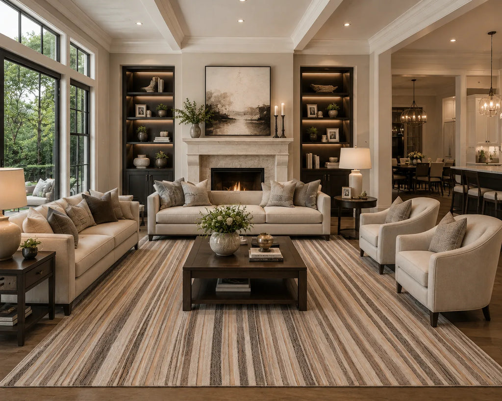 A large rectangular area rug with vertical brown, beige, and cream stripes is shown in a beautifully styled modern living room. The rug is styled with a dark wood coffee table, beige sofas, armchairs, and built-in shelving.