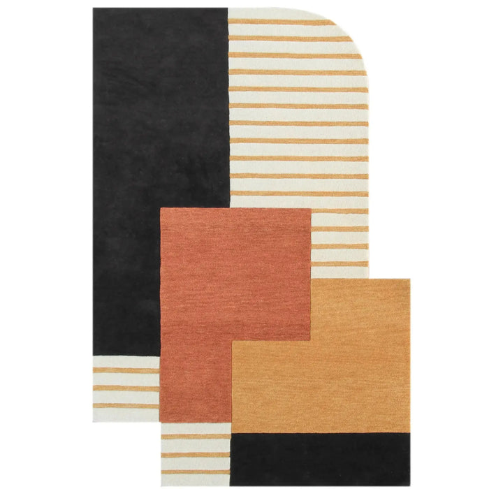 A modern abstract area rug with a geometric block pattern in black, cream with tan stripes, terracotta, ochre, and mustard tones, shown on a plain white background.