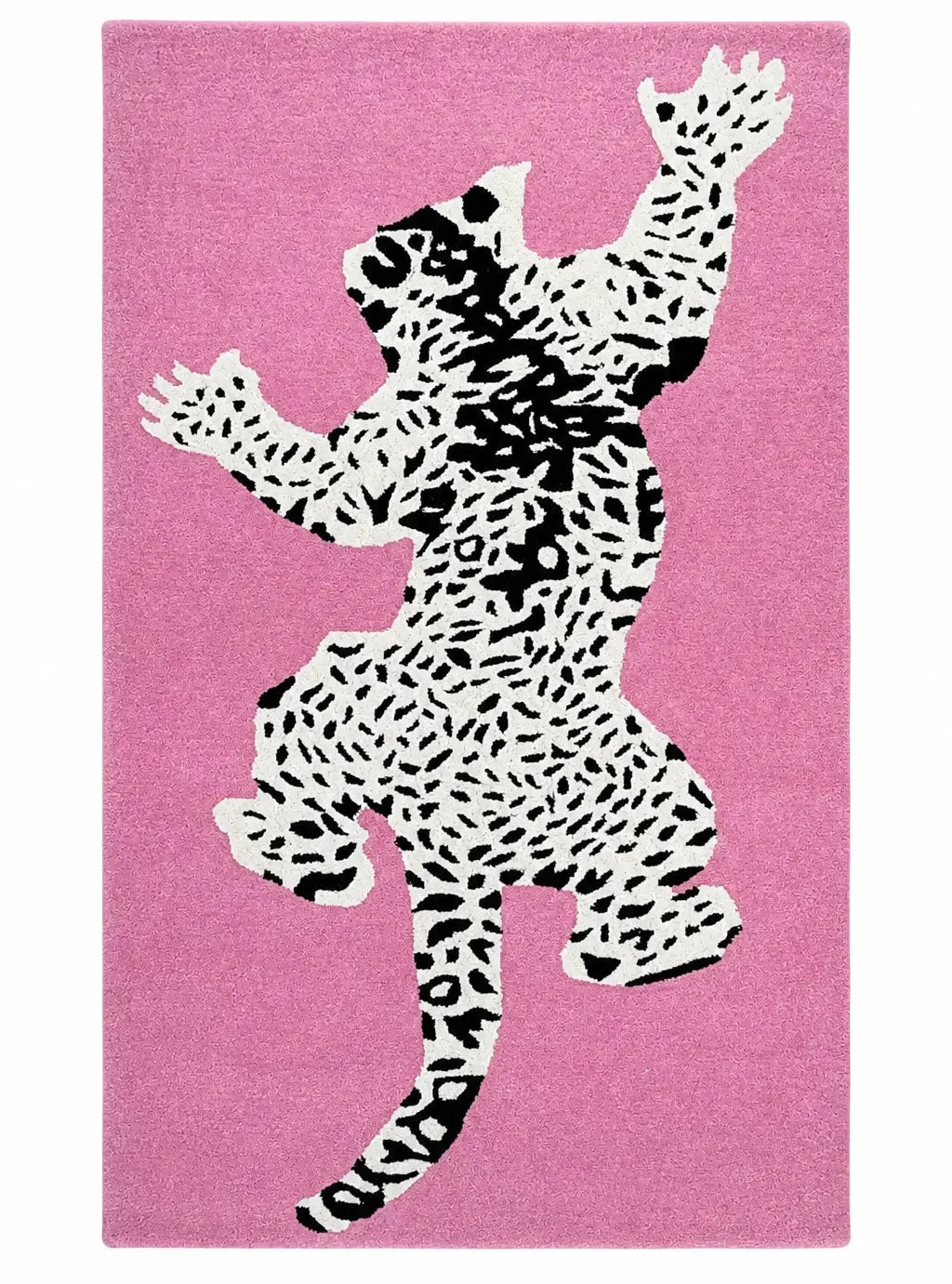 A rectangular pink rug featuring a large stylized black-and-white spotted animal silhouette centered on the surface.