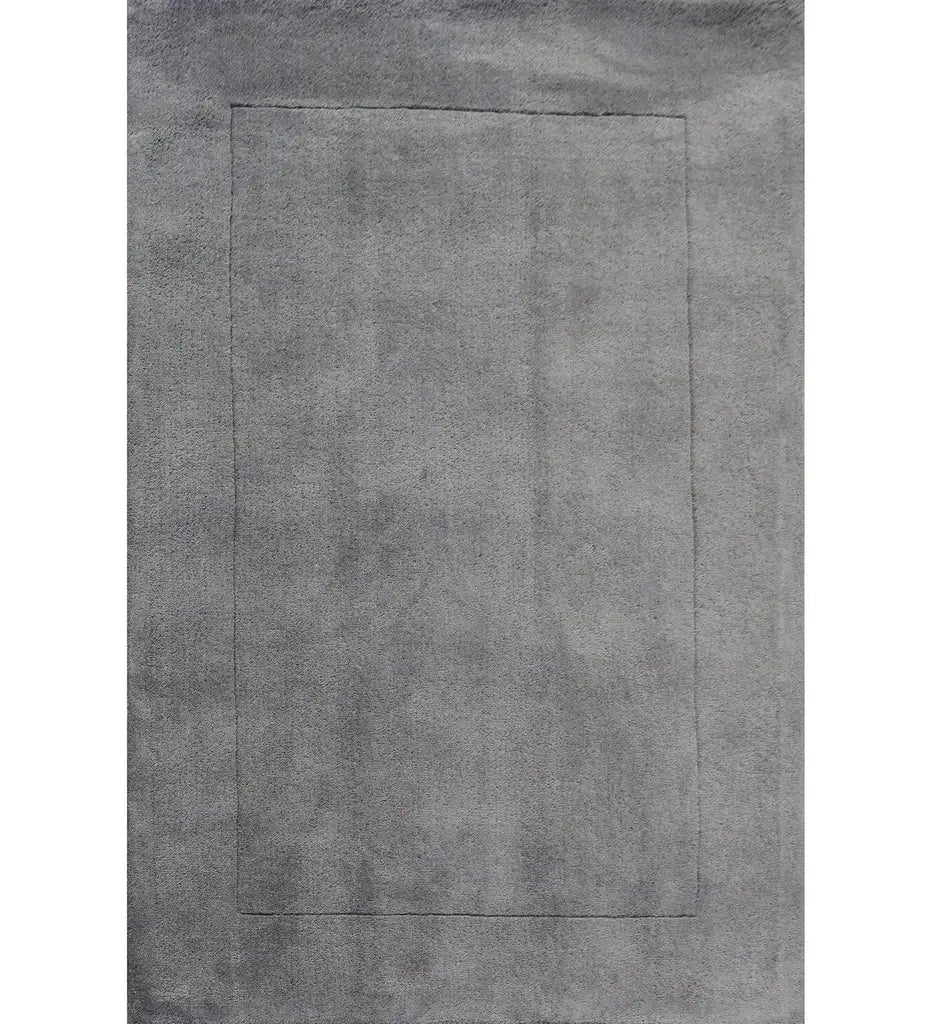 A square gray area rug with a subtle textured surface and a faint rectangular border design in the center, shown flat against a white background.