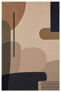 Abstract geometric rug with brown, beige, and black shapes on a white background