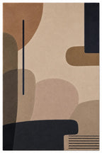 Abstract geometric rug with brown, beige, and black shapes on a white background