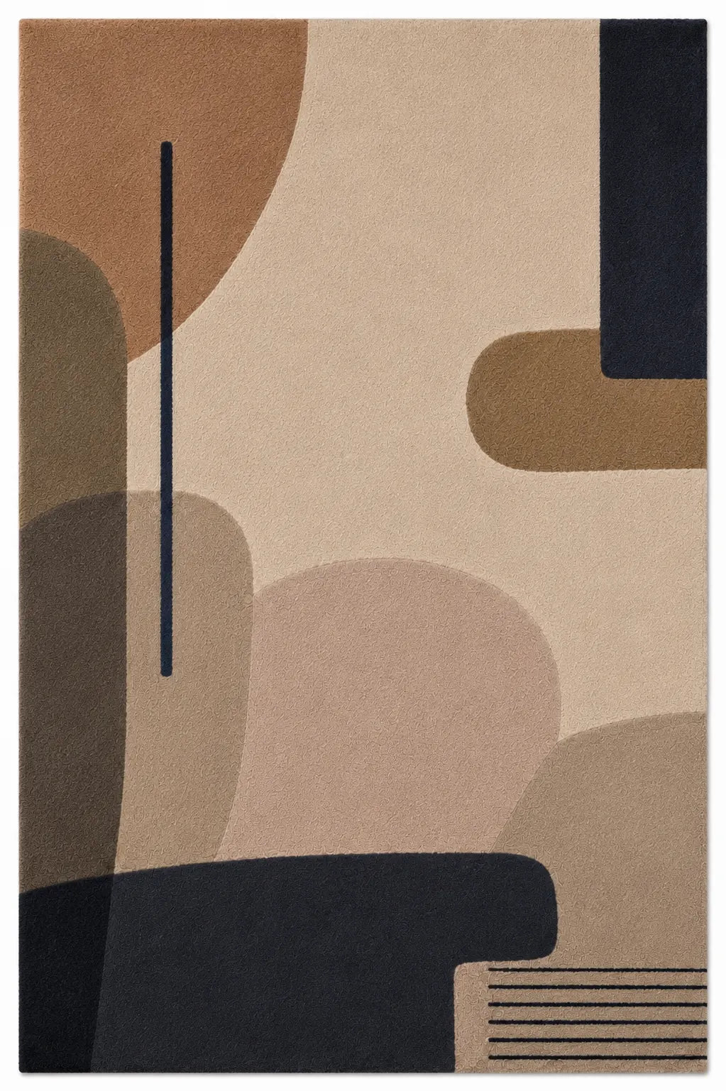 Abstract geometric rug with brown, beige, and black shapes on a white background