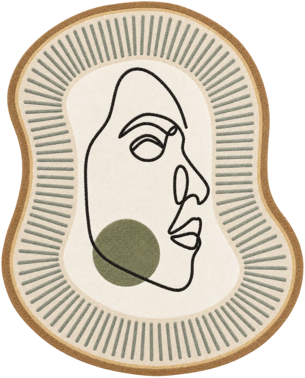 An abstract oval area rug with a minimalist line drawing of a face in profile, featuring a muted green circle on the cheek, set against a cream center with radiating gray lines and a tan border.