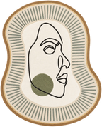 An abstract oval area rug with a minimalist line drawing of a face in profile, featuring a muted green circle on the cheek, set against a cream center with radiating gray lines and a tan border.