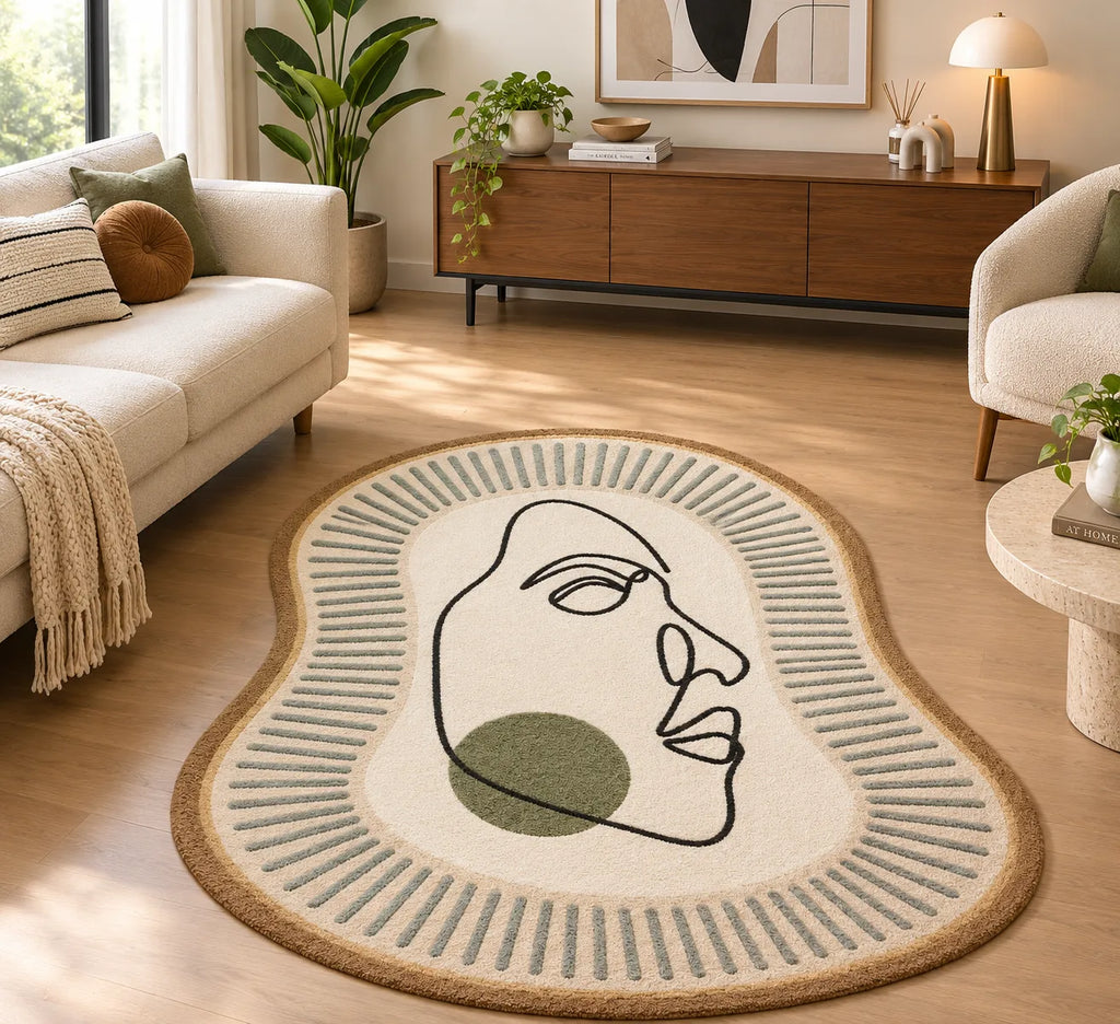 An abstract oval area rug with a cream center, black line art face, and a muted green circle, surrounded by a tan braided border. The rug is styled in a bright, modern living room with a beige sofa, wooden credenza, and plants.