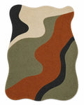 An abstract wavy pattern area rug with organic shapes in rust orange, olive green, beige, and black, shown flat against a white background.