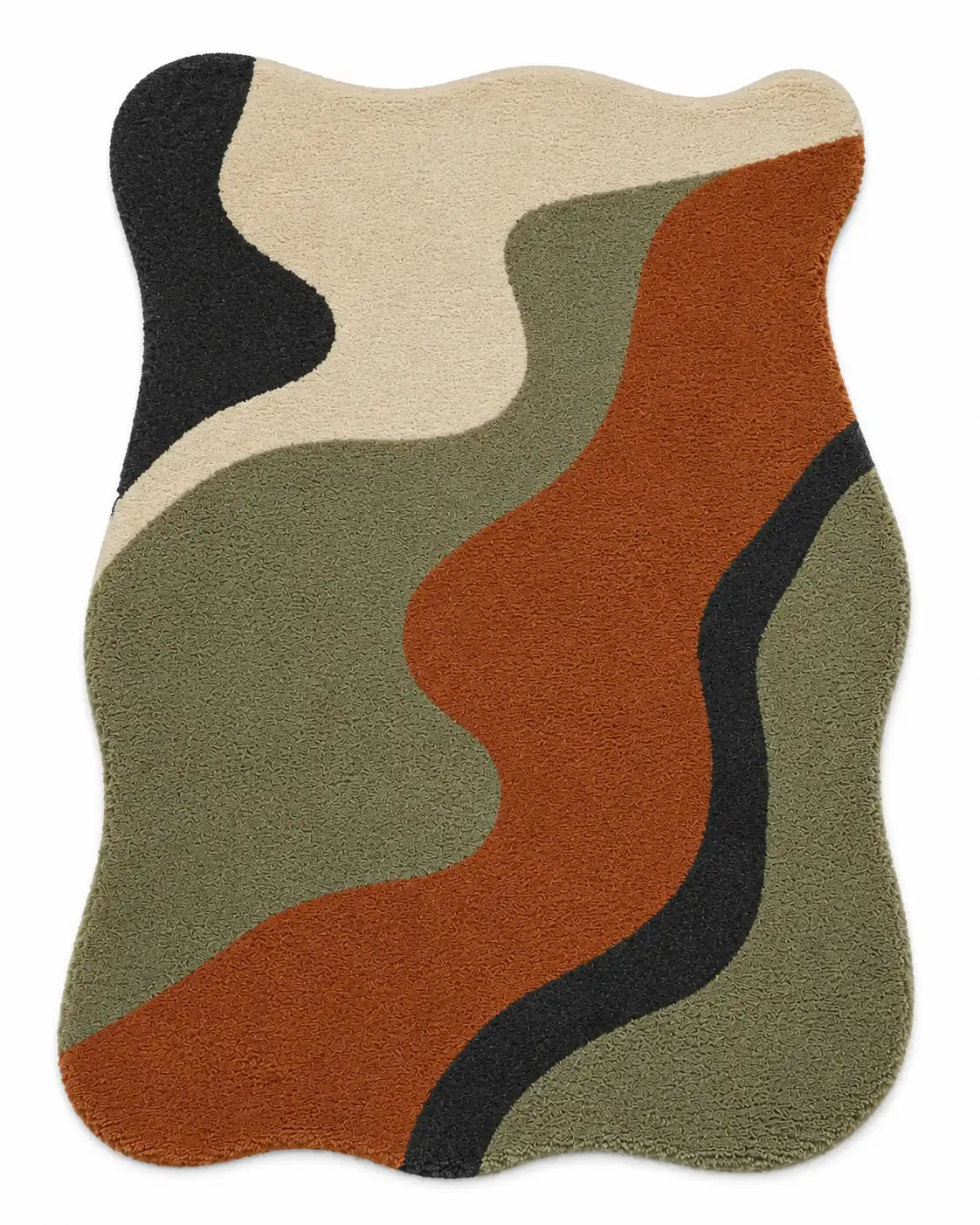 An abstract wavy pattern area rug with organic shapes in rust orange, olive green, beige, and black, shown flat against a white background.