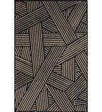 Beige and black hand-tufted wool rug with modern abstract line pattern.