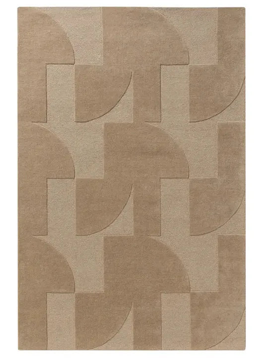 Beige area rug with geometric pattern on a white background