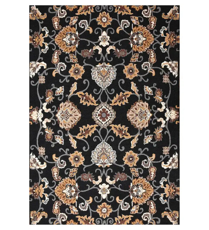 Traditional black floral hand-tufted wool rug with Oriental design