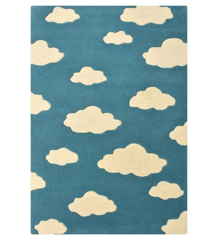 Blue wool rug with white cloud pattern, hand-tufted design, luxury decorative area rug