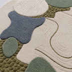 Close-up of a textured rug with circular patterns in various colors.