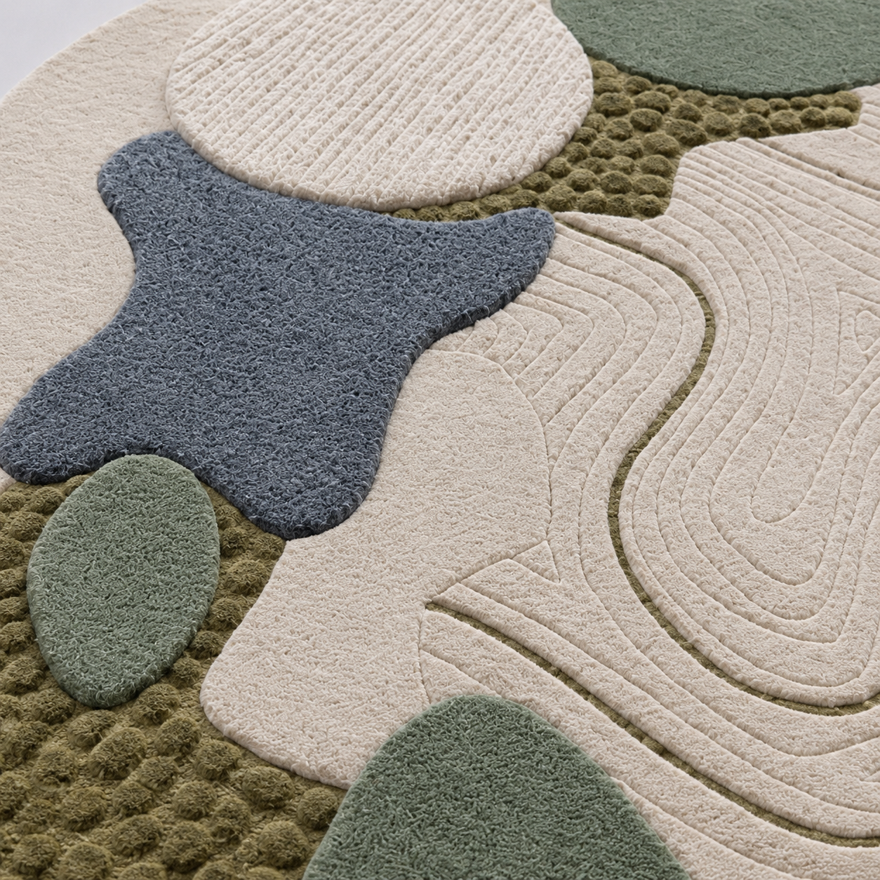 Close-up of a textured rug with circular patterns in various colors.