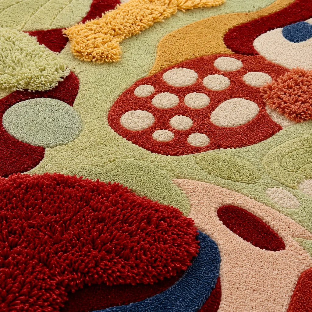 Colorful abstract rug with various shapes and patterns