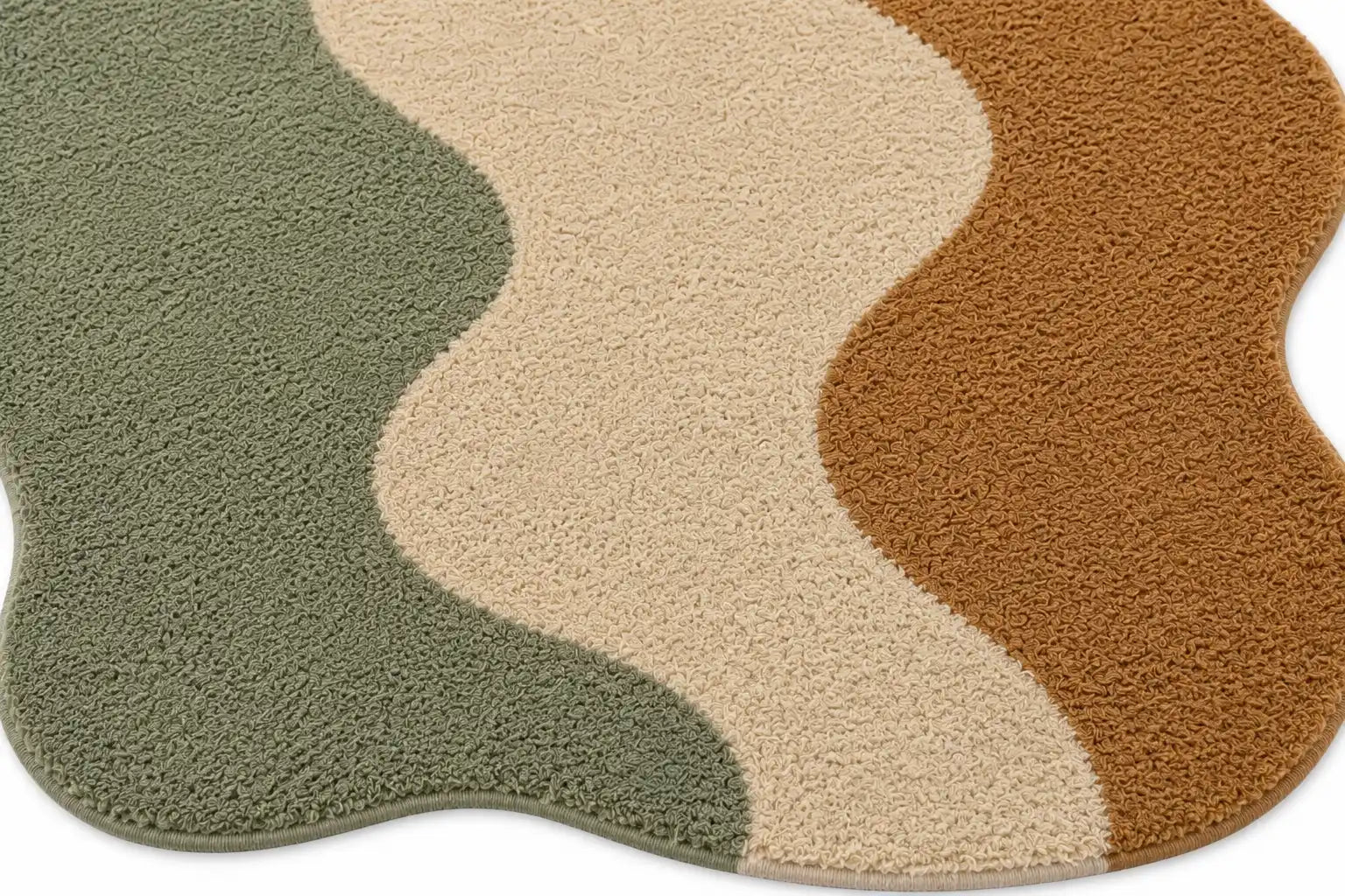 Wavy-patterned rug with green, beige, and brown colors on a white background