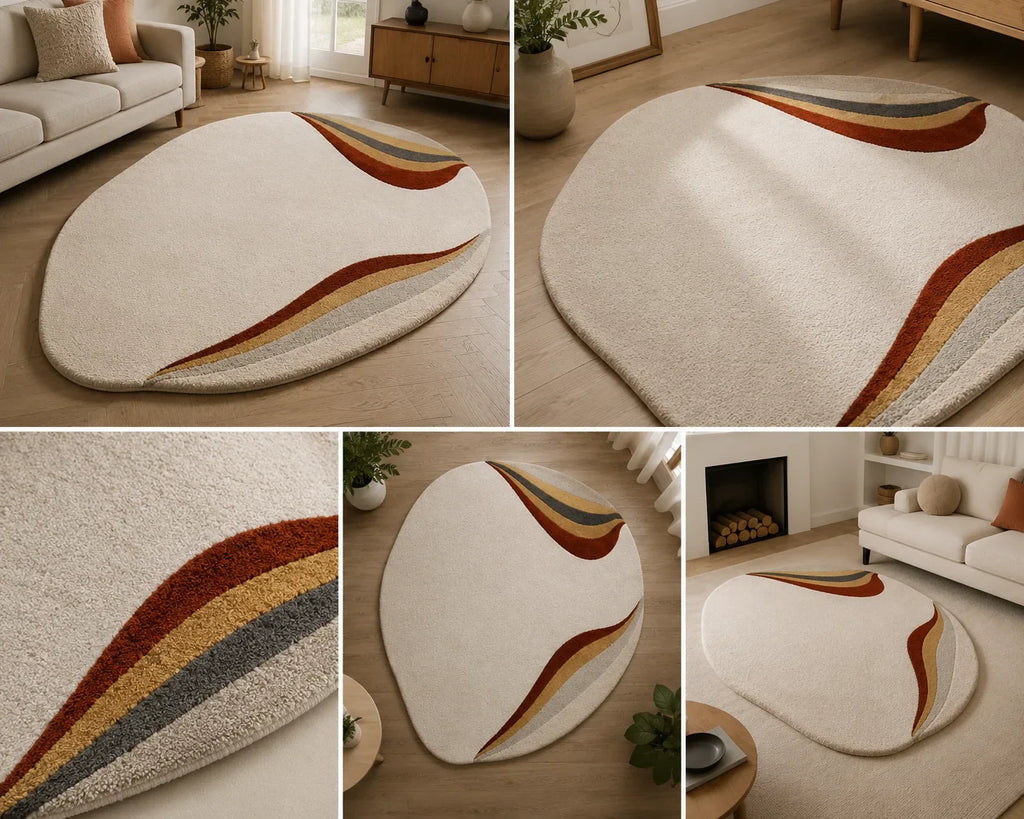 Collage of a modern area rug with abstract design in a living room setting.