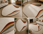 Collage of a modern area rug with abstract design in a living room setting.