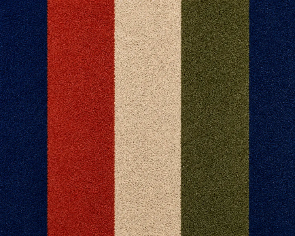 Color swatch with vertical stripes in blue, red, beige, green, and navy.