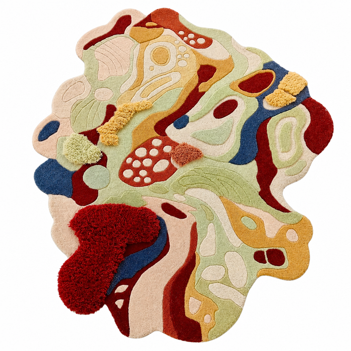 Colorful abstract rug with a white background