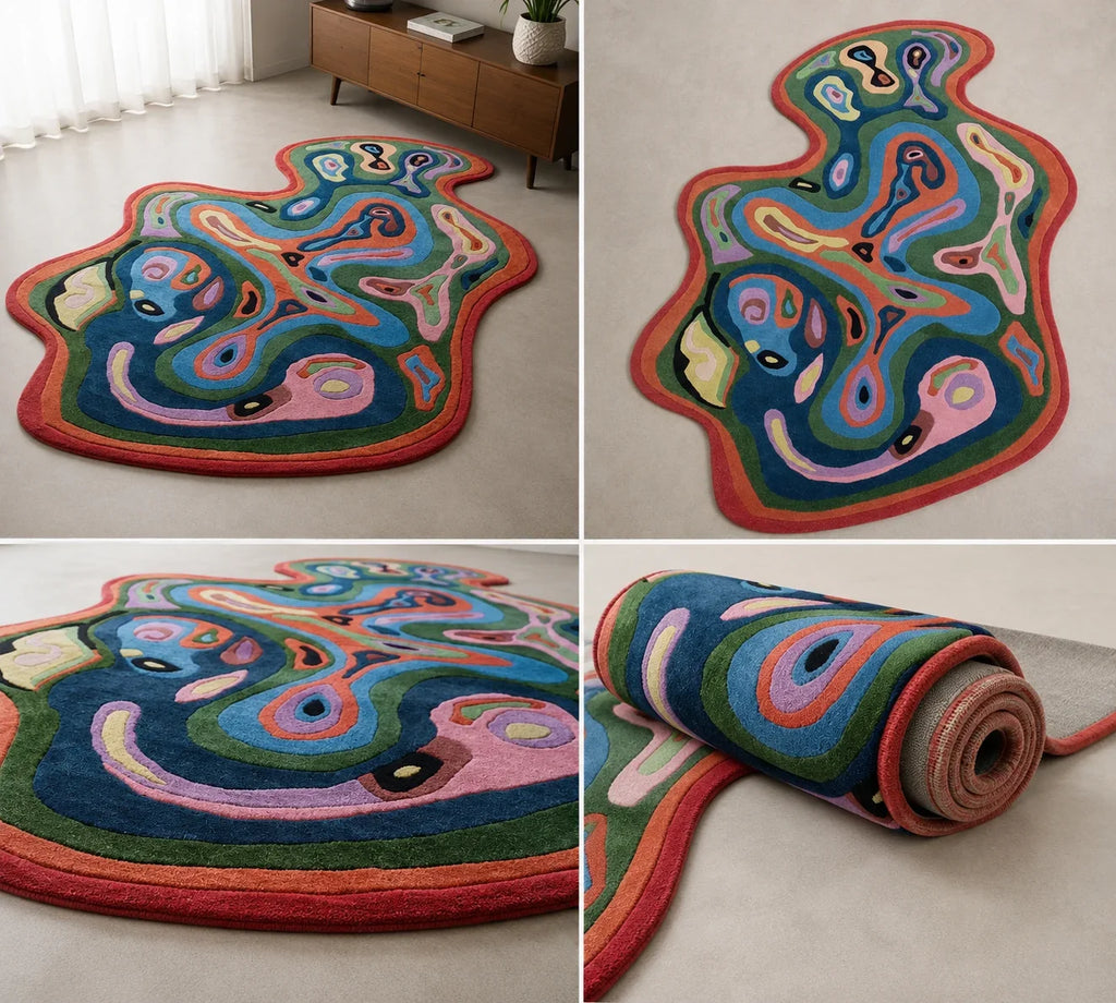 Colorful abstract rug displayed in a room setting