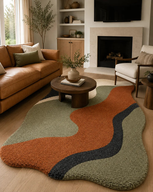 Colorful abstract rug in a living room with furniture and decor.