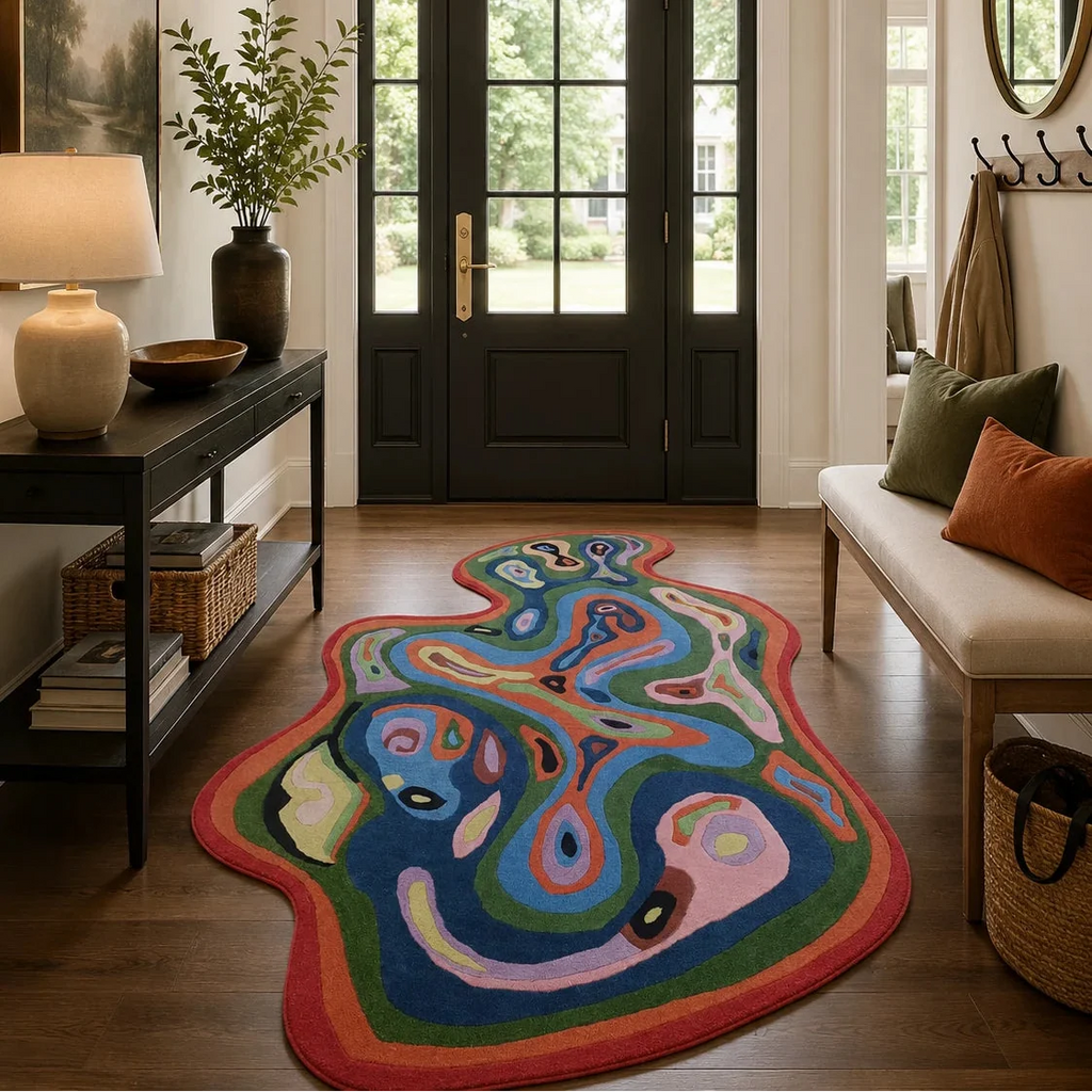 Colorful abstract rug in a living room with a black door and wooden floor.