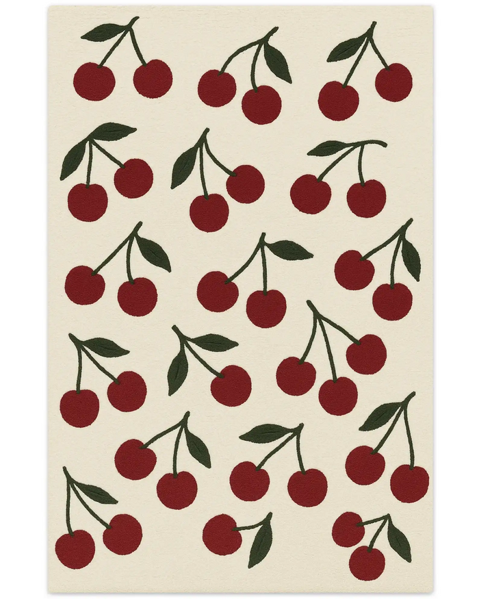 Luxury Ivory & Red Cherry Rug – hand-tufted wool rug with fruit pattern.