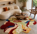 Living room with a colorful abstract rug, beige sofa, and wooden coffee table.
