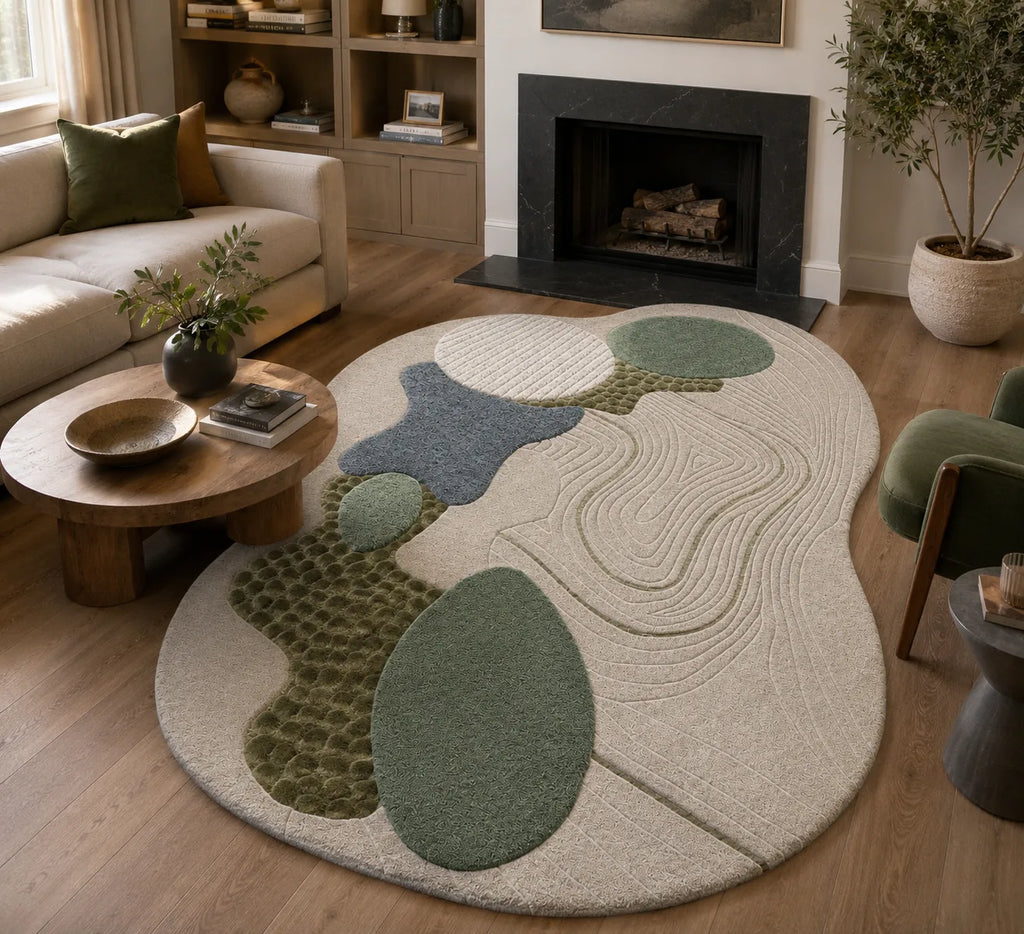 Living room with a round, patterned rug featuring green and blue shapes, a fireplace, and a couch.