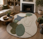 Living room with a round, patterned rug featuring green and blue shapes, a fireplace, and a couch.