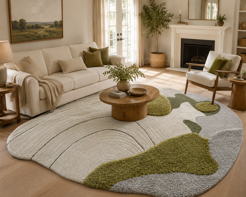 Living room with a round rug, sofa, coffee table, and decorative elements.