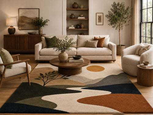 Modern living room with a beige sofa, armchairs, and a decorative rug.
