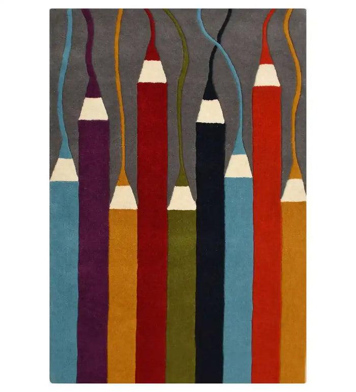 Colorful pencil design hand-tufted wool carpet with a grey background