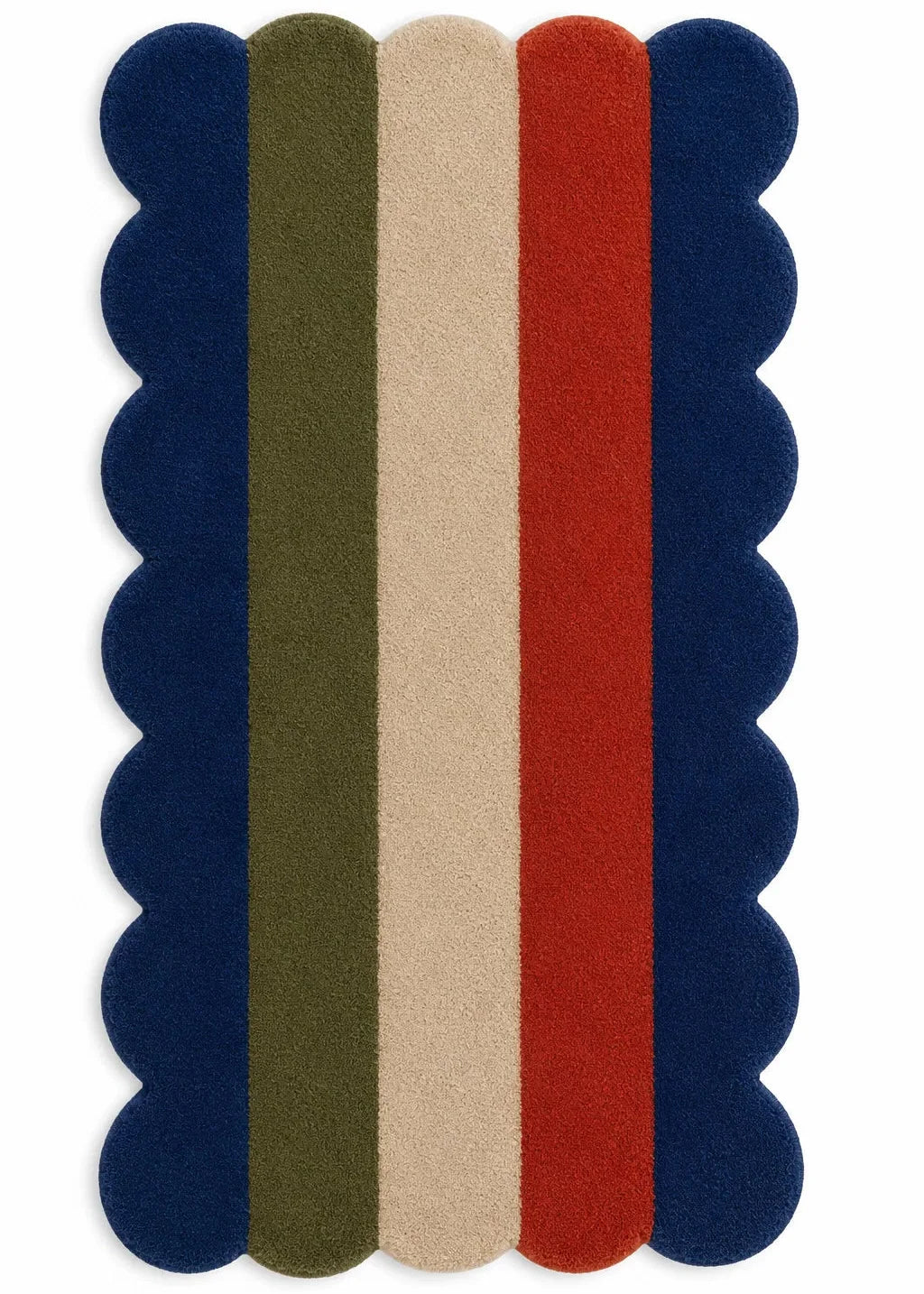 Rectangular rug with scalloped edge featuring four horizontal stripes in navy, red, beige, and green on a white background.