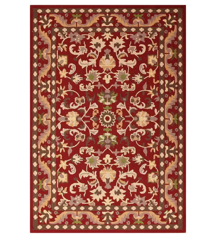 Red traditional floral hand-tufted wool rug with ornate border