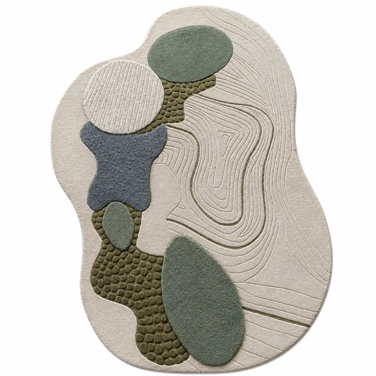 Round rug with a textured pattern in neutral colors on a white background