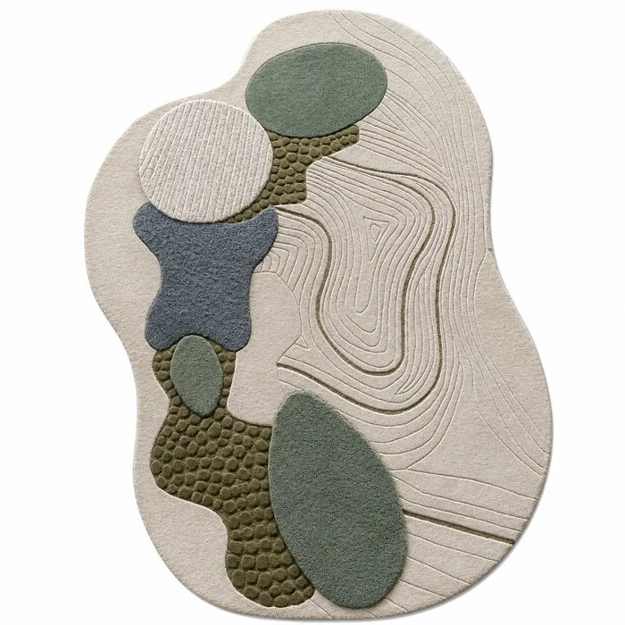 Round rug with a textured pattern in neutral colors on a white background