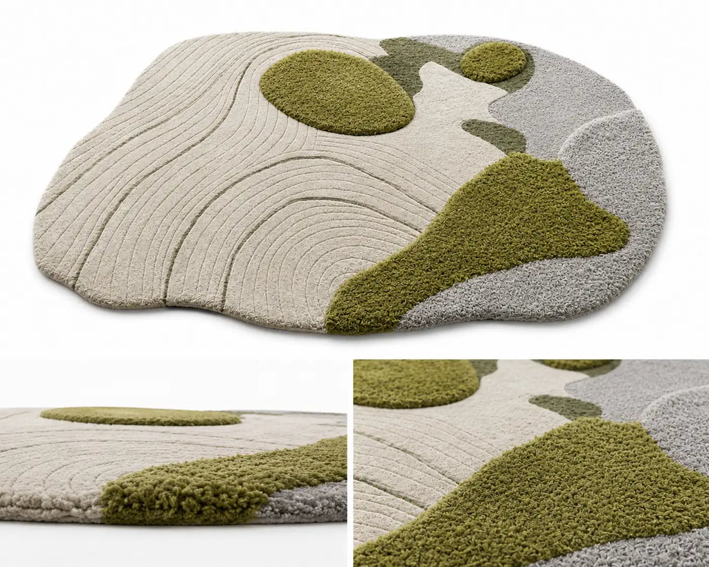 Round rug with green and gray design on a white background 