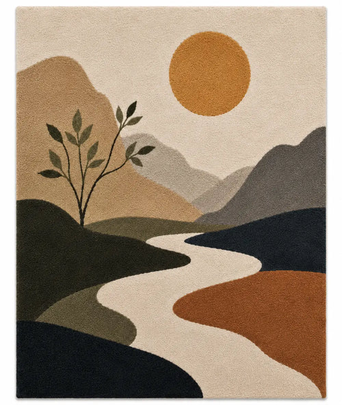 Rug with a landscape design featuring mountains, a sun, and a stream.