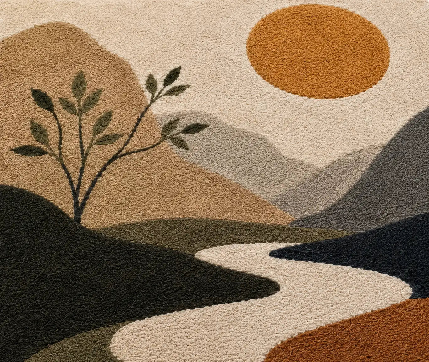 Rug with landscape design featuring a tree, mountains, and sun.