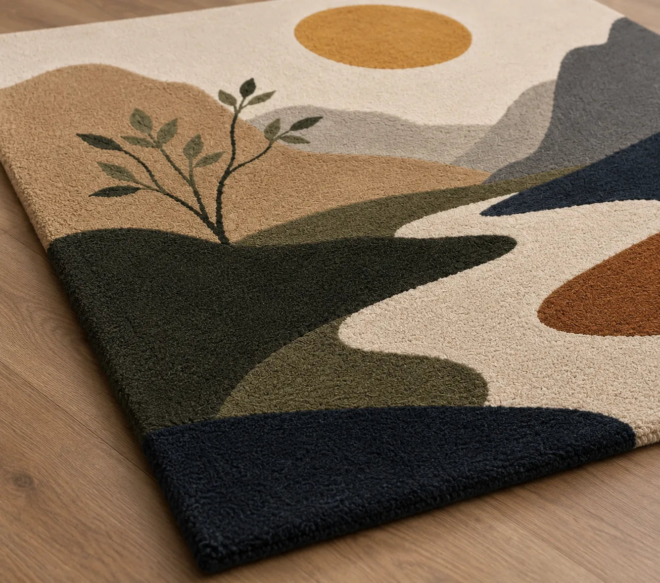 Rug with landscape design featuring mountains, sun, and tree on a wooden floor.