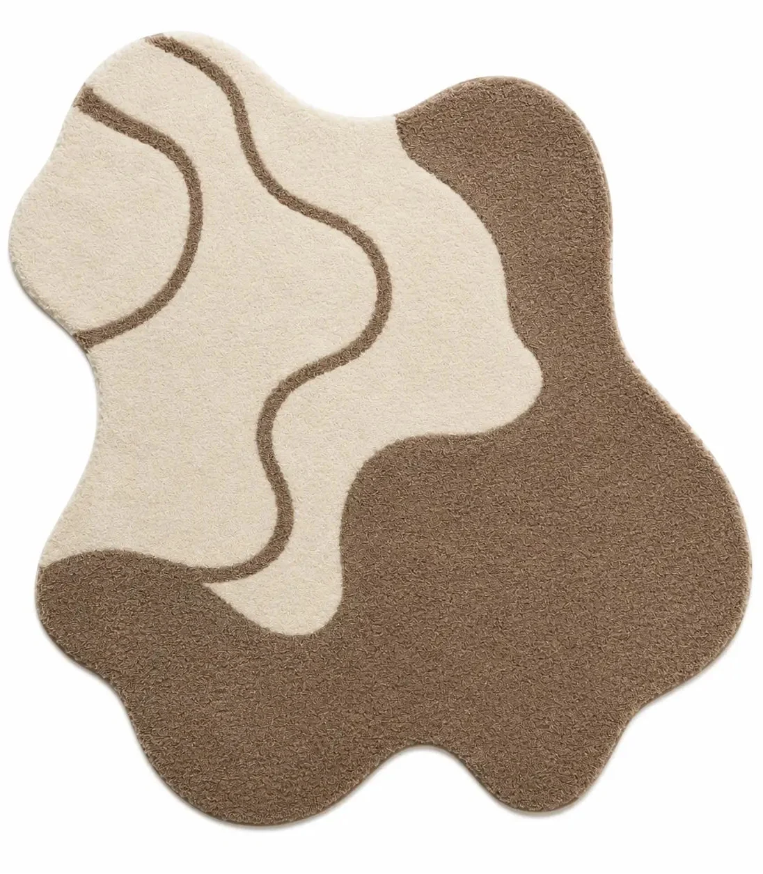 Rug with wavy brown and beige pattern on a white background