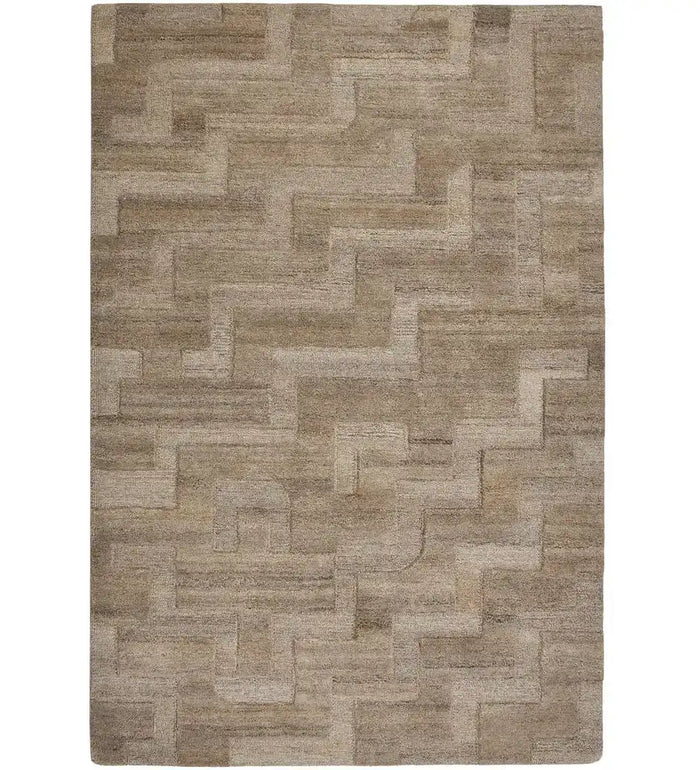 Hand-tufted wool rug with beige and taupe geometric block design