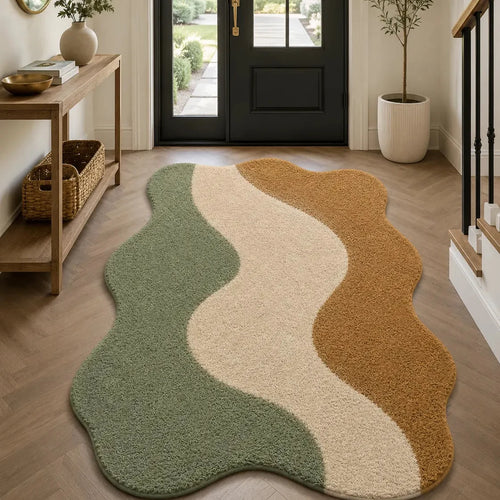 Wavy patterned rug in a home setting with a door and plants.