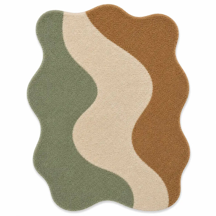 Wavy patterned rug with green, beige, and brown colors on a white background