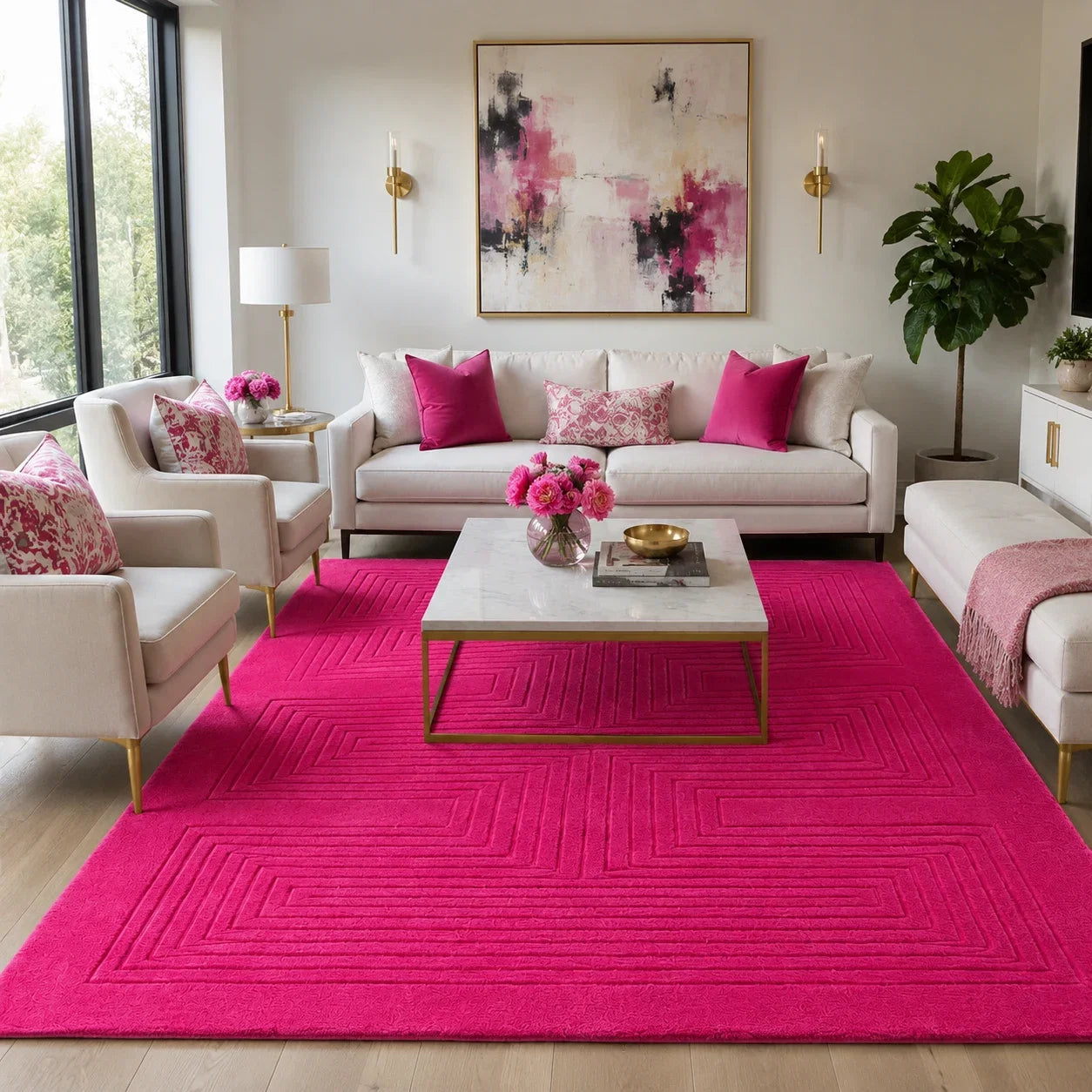 A bright pink geometric area rug in a modern living room setting with a white sofa, matching armchairs, a marble coffee table, and pink accent pillows.