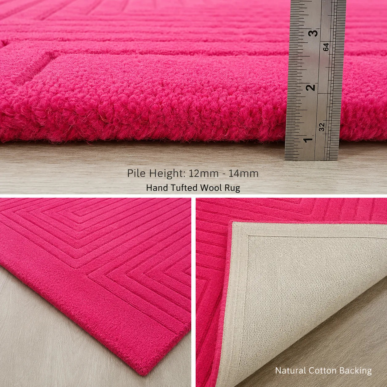 Bright pink hand-tufted wool rug shown in a multi-view product collage with a ruler for scale, pile height text, corner detail, and backing view. Text reads 'Pile Height: 12mm - 14mm', 'Hand Tufted Wool Rug', and 'Natural Cotton Backing'.